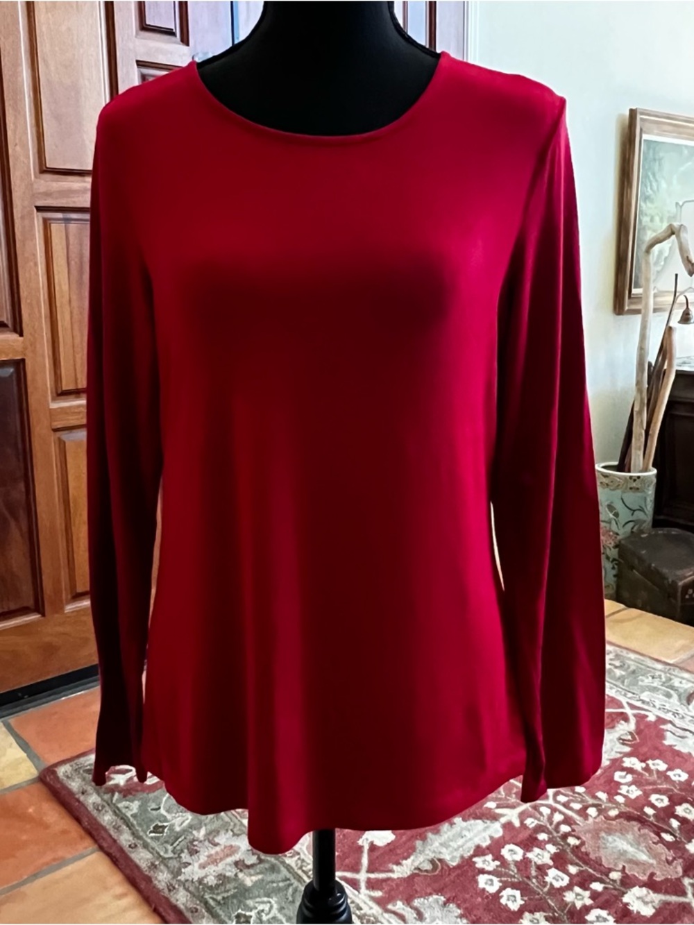 Chico's Long Sleeve Crewneck Top in Deep Cherry Red